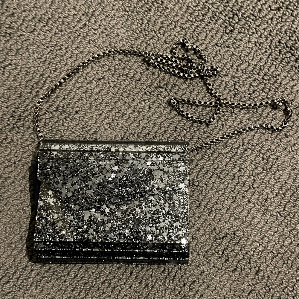 jimmy choo navy acrylic glitter clutch with chain